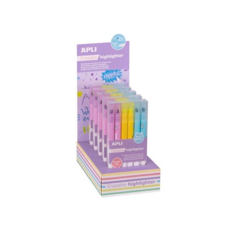 Apli Erasable Highlighter Expositor de 5 Packs de 6 Subrayadores Borrables - Punta Biselada 4mm - Colores Surtidos