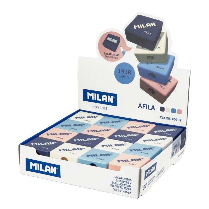Milan Sharpa Serie 1918 Espositore da 32 Temperamatite - Lama in Acciaio - Colori Bianco, Azzurro, Blu Scuro e Rosa
