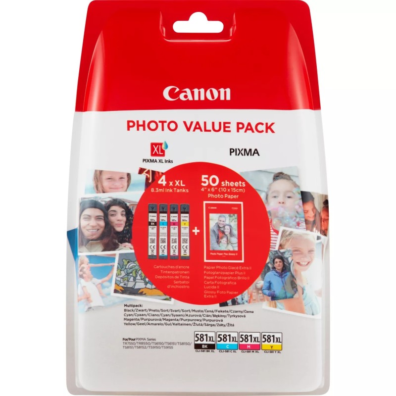 Canon CLI581XL Confezione da 4 cartucce d'inchiostro originali - 50 fogli di carta fotografica - 2052C004/2052C006 Canon CLI581XL Confezione da 4 cartucce d'inchiostro originali - 50 fogli di carta fotografica - 2052C004/2052C006