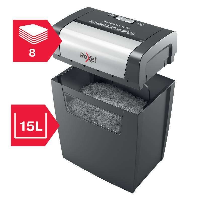 Distruggidocumenti Rexel Momentum x308 - Taglio coriandoli 5x42 mm - Funzionamento ininterrotto 3 minuti - Nero Distruggidocumenti Rexel Momentum x308 - Taglio coriandoli 5x42 mm - Funzionamento ininterrotto 3 minuti - Nero