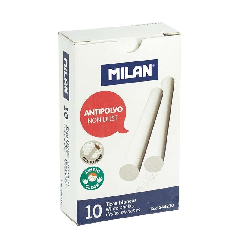Milan Pack de 10 Tizas de Carbonato de Calcio - Redondas - Antipolvo - No Contienen Caseina ni Yeso - Color Blanco Milan Pack de 10 Tizas de Carbonato de Calcio - Redondas - Antipolvo - No Contienen Caseina ni Yeso - Color Blanco
