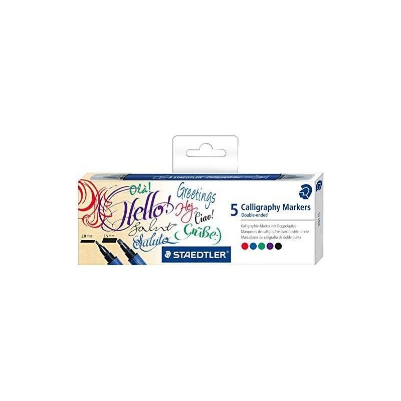 Staedtler 3002 Confezione da 5 pennarelli per calligrafia a doppia punta - Inchiostro a base acqua - Colori assortiti Staedtler 3002 Confezione da 5 pennarelli per calligrafia a doppia punta - Inchiostro a base acqua - Colori assortiti
