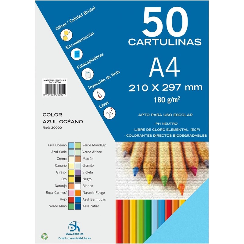 Dohe Pack de 50 Cartulinas A4 180 g/m² - Aptas para Impresion - PH Neutro - Libres de Cloro Elemental - Color Azul Oceano Dohe Pack de 50 Cartulinas A4 180 g/m² - Aptas para Impresion - PH Neutro - Libres de Cloro Elemental - Color Azul Oceano