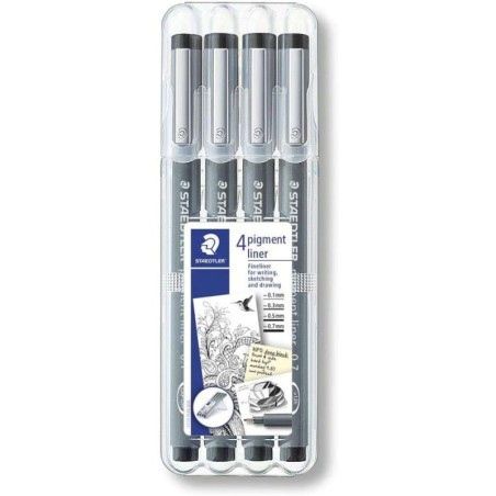 Staedtler Pigment Liner 308 Confezione da 4 pennarelli Punta Fine - Punta Lunga - Asciugatura Rapida - Colore Nero