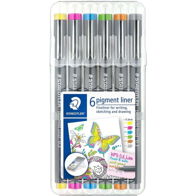 Staedtler Pigment Liner 308 Pack de 6 Rotuladores Calibrados - Trazo 0.3mm - Secado Rapido - Colores Surtidos Staedtler Pigment Liner 308 Pack de 6 Rotuladores Calibrados - Trazo 0.3mm - Secado Rapido - Colores Surtidos