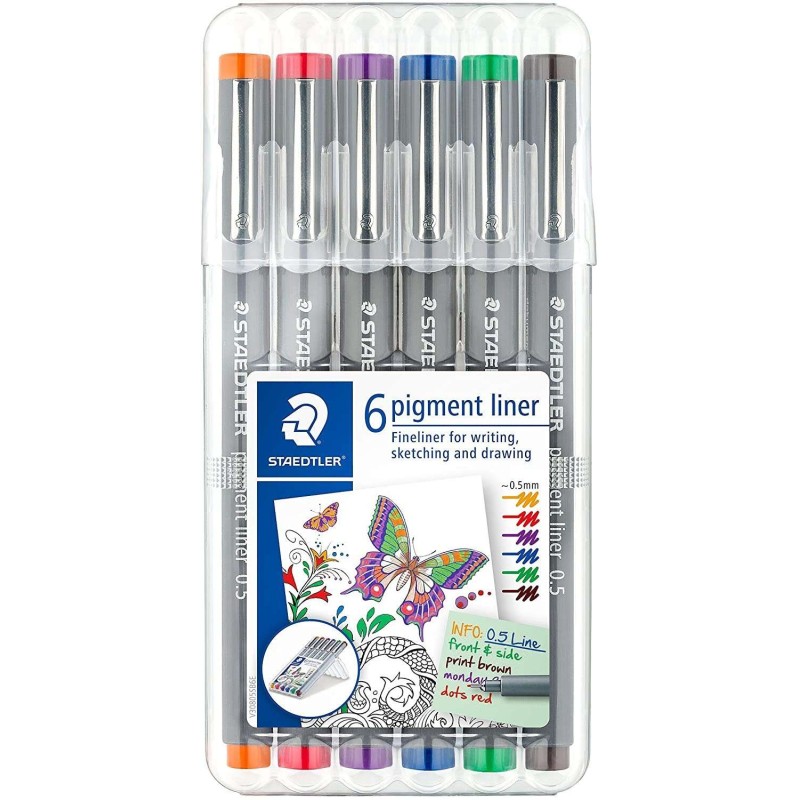 Staedtler Pigment Liner 308 Confezione da 6 pennarelli calibrati - Tratto 0,5 mm - Asciugatura rapida - Colori assortiti Staedtler Pigment Liner 308 Confezione da 6 pennarelli calibrati - Tratto 0,5 mm - Asciugatura rapida - Colori assortiti