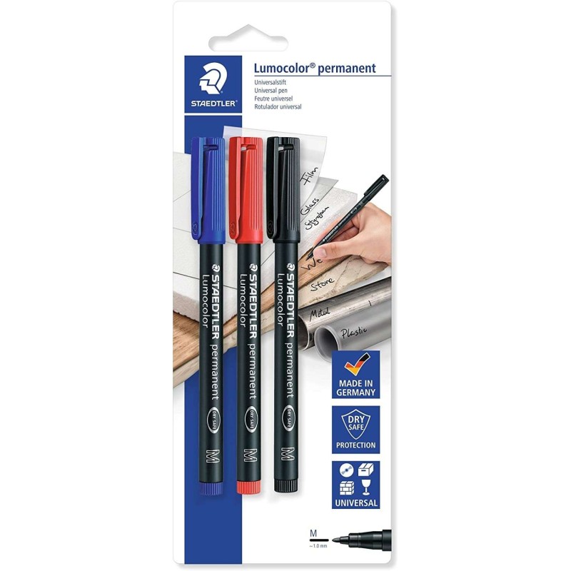 Staedtler Lumocolor Permanent Pen 317 Confezione da 3 pennarelli permanenti - Tratto circa 1 mm - Asciugatura rapida - Colori as Staedtler Lumocolor Permanent Pen 317 Confezione da 3 pennarelli permanenti - Tratto circa 1 mm - Asciugatura rapida - Colori as