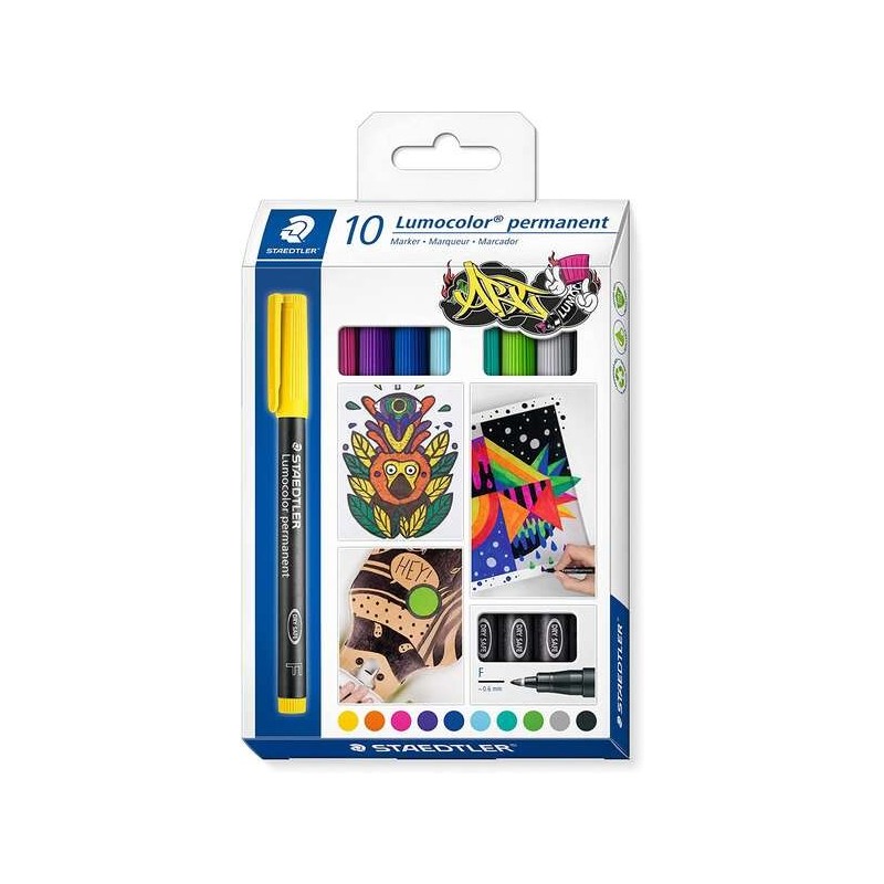 Staedtler Lumocolor 318 C10 Confezione da 10 pennarelli indelebili - Linea circa 0,6 mm - Asciugatura rapida - Colori assortiti Staedtler Lumocolor 318 C10 Confezione da 10 pennarelli indelebili - Linea circa 0,6 mm - Asciugatura rapida - Colori assortiti
