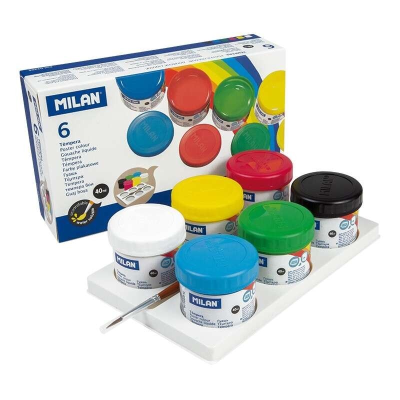 Milan Pack de 6 Botes de Tempera 40ml + 1 Pincel Serie 101 - Secado Rapido - Mezclable - Colores Surtidos Milan Pack de 6 Botes de Tempera 40ml + 1 Pincel Serie 101 - Secado Rapido - Mezclable - Colores Surtidos