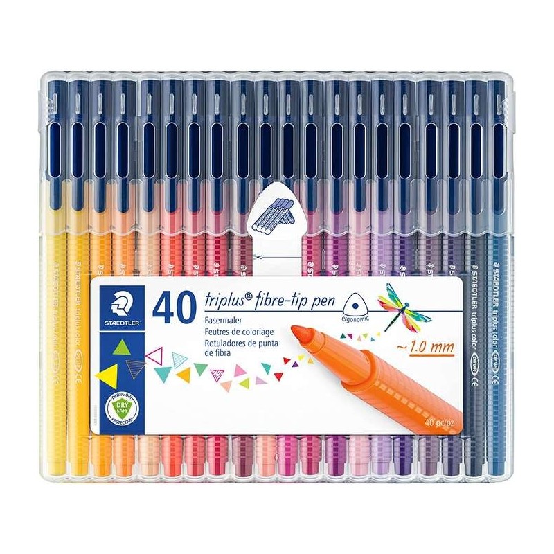Staedtler Triplus Color 323 Confezione da 40 pennarelli a punta fine - Tratto 1 mm circa - Inchiostro a base acqua - Colori asso Staedtler Triplus Color 323 Confezione da 40 pennarelli a punta fine - Tratto 1 mm circa - Inchiostro a base acqua - Colori asso