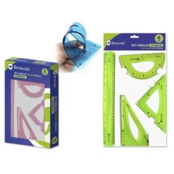 Bismark Confezione da 4 Righe Flessibili - Regola Diritta - Goniometro - Quadrato - Quadrato - Colori Assortiti