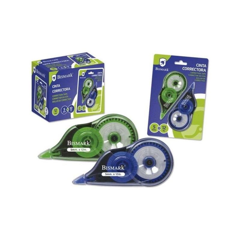 Confezione da 2 nastri correttori Bismark 5 mm x 12 m - Corpo trasparente - Forma ergonomica Confezione da 2 nastri correttori Bismark 5 mm x 12 m - Corpo trasparente - Forma ergonomica