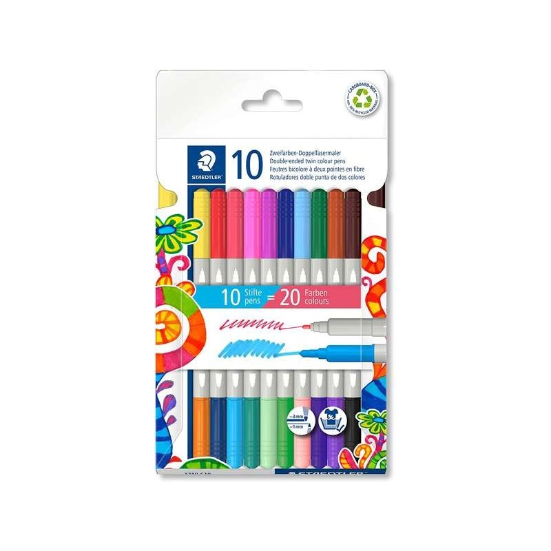 Staedtler Noris 3280 Confezione da 10 pennarelli a doppia punta - Tratti 1 mm e 3 mm circa - Colori assortiti Staedtler Noris 3280 Confezione da 10 pennarelli a doppia punta - Tratti 1 mm e 3 mm circa - Colori assortiti