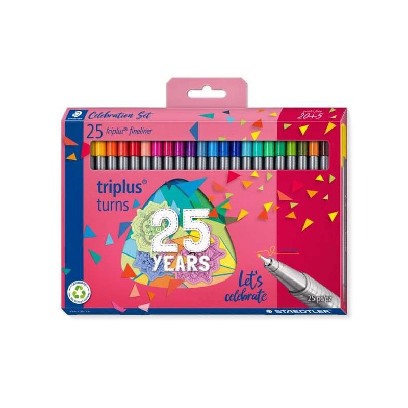 Staedtler Triplus Fineliner 334 Pack de 25 Rotuladores de Punta Fina - Trazo 0.3mm Aprox - Tinta Base de Agua - Colores Surtidos
