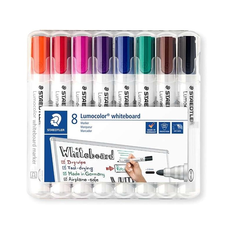 Staedtler Lumocolor 351 Pack de 8 Marcadores para Pizarra Blanca - Secado Rapido - Colores Surtidos