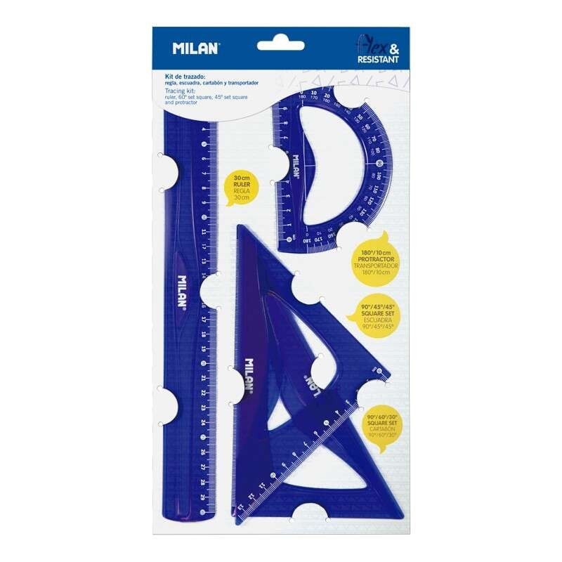 Milan Pack de 4 Reglas Flexibles y Resistentes - Regla, Escuadra, Cartabon y Transportador - Color Azul Milan Pack de 4 Reglas Flexibles y Resistentes - Regla, Escuadra, Cartabon y Transportador - Color Azul