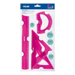 Confezione Milano da 4 Righelli Flessibili e Resistenti - Righello, Squadra, Smusso e Goniometro - Colore Rosa