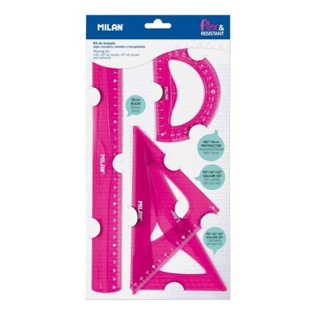 Confezione Milano da 4 Righelli Flessibili e Resistenti - Righello, Squadra, Smusso e Goniometro - Colore Rosa