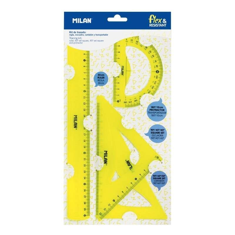Milan Pack de 4 Reglas Flexibles y Resistentes - Regla, Escuadra, Cartabon y Transportador - Color Amarillo Milan Pack de 4 Reglas Flexibles y Resistentes - Regla, Escuadra, Cartabon y Transportador - Color Amarillo