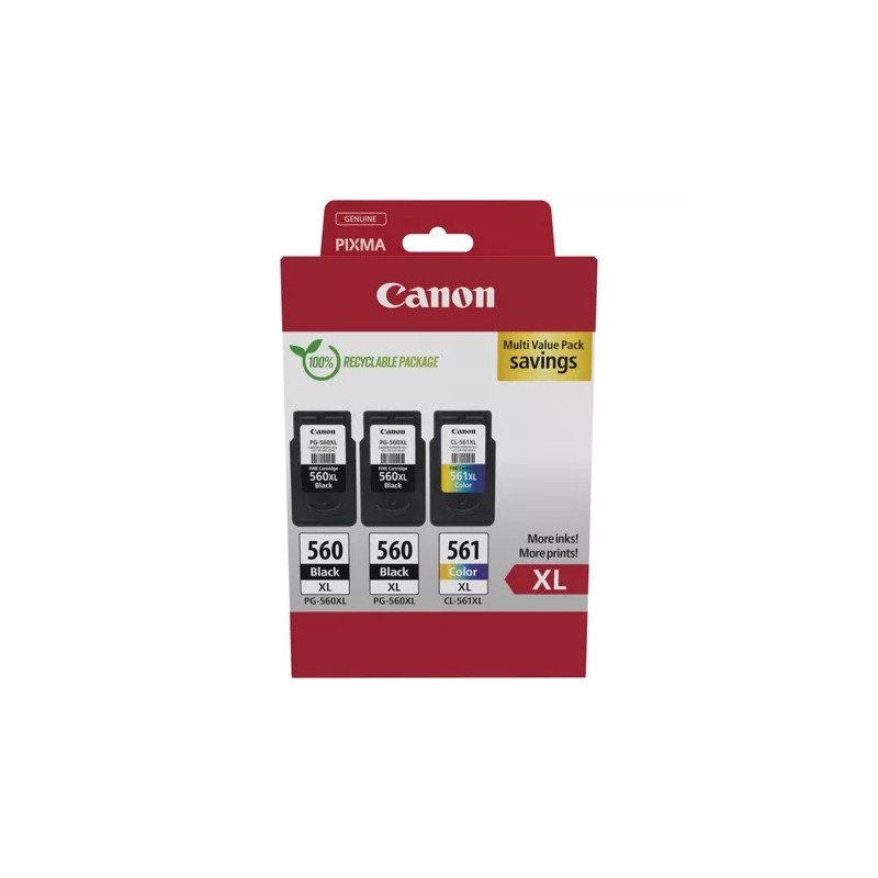 Confezione da 3 cartucce d'inchiostro originali Canon PG-560XL + CL-561XL - 3712C009 Confezione da 3 cartucce d'inchiostro originali Canon PG-560XL + CL-561XL - 3712C009