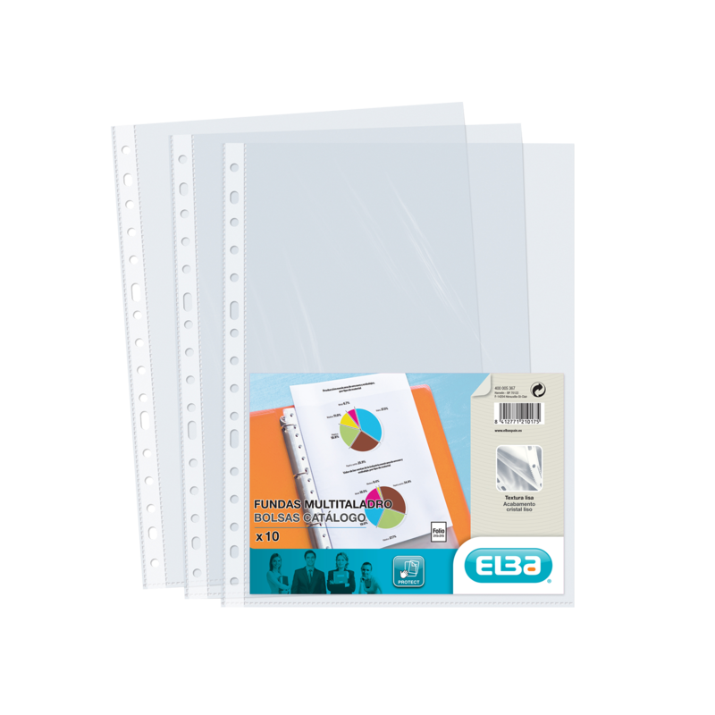 Elba Pack de 10 Fundas Multitaladro Standard Folio - Material de PP de 70? - Transparente y Cristalino Elba Pack de 10 Fundas Multitaladro Standard Folio - Material de PP de 70? - Transparente y Cristalino