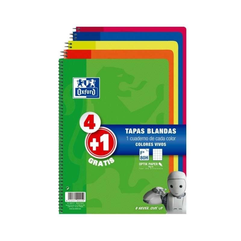 Oxford Pack 4+1 Cuadernos Espiral Formato Folio Cuadriculado 4x4mm - 80 Hojas - Tapa Blanda - Colores Surtidos Oxford Pack 4+1 Cuadernos Espiral Formato Folio Cuadriculado 4x4mm - 80 Hojas - Tapa Blanda - Colores Surtidos