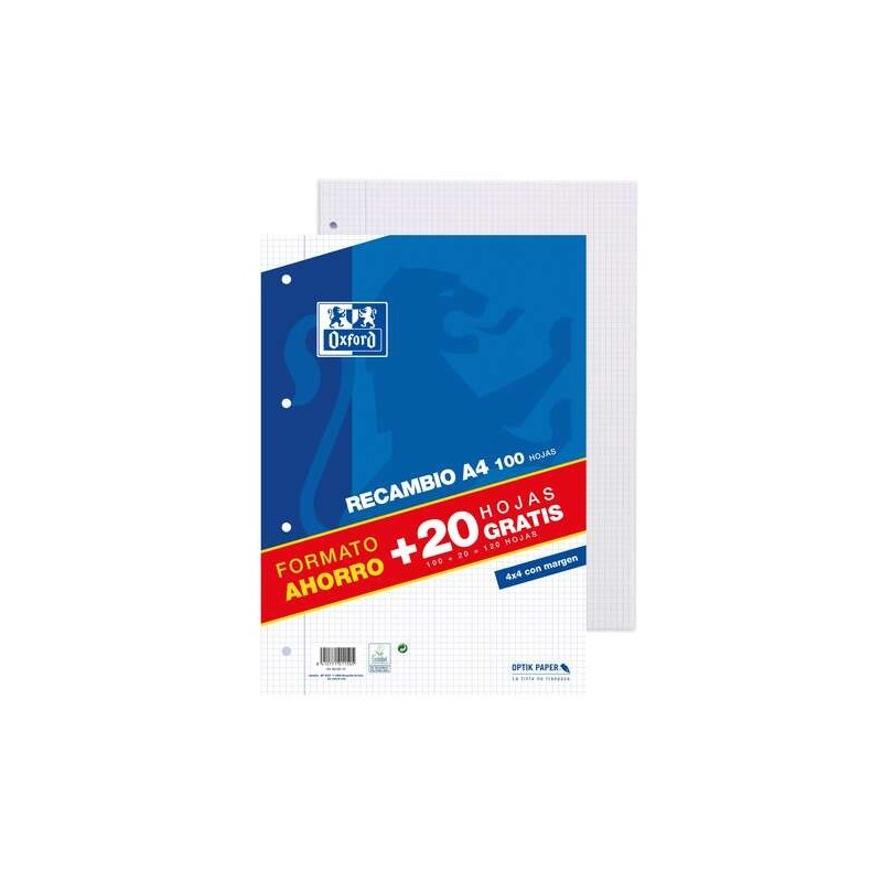 Oxford Recambio Formato A4 Cuadriculado 4x4mm 4 Taladros - 100 Hojas + 20 Gratis 90gr con Margen Oxford Recambio Formato A4 Cuadriculado 4x4mm 4 Taladros - 100 Hojas + 20 Gratis 90gr con Margen