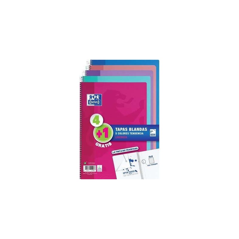 Oxford Pack 4+1 Quaderni Spirali Formato Folio Quadrato 4x4mm - 80 Fogli - Copertina Morbida - Colori Tendenza Assortiti Oxford Pack 4+1 Quaderni Spirali Formato Folio Quadrato 4x4mm - 80 Fogli - Copertina Morbida - Colori Tendenza Assortiti