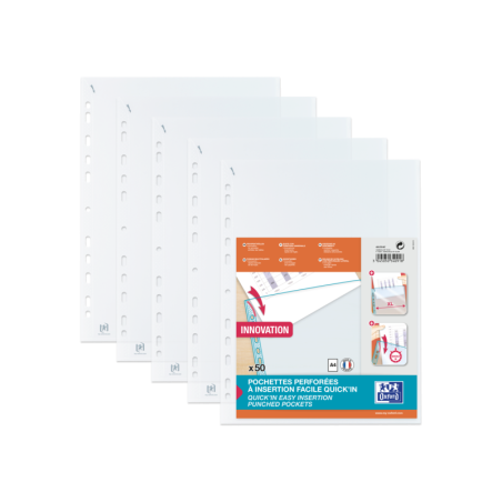 Oxford Quick'In A4 Fundas Multitaladro - Polipropileno Estandar - Cristal 50m - Facil Insercion - Proteccion Duradera
