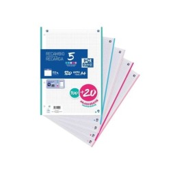Oxford 5 Recambio Formato A4 Cuadriculado 5x5mm 4 Taladros - 100 Hojas + 20 Gratis - Banda de 5 Colores Pastel