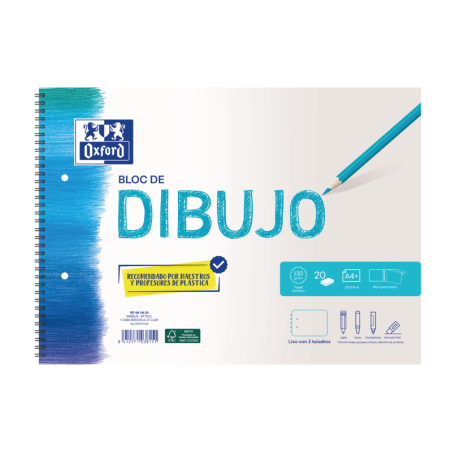Blocco a spirale da disegno Oxford School A4+ - Copertina morbida/Copertina posteriore rigida - 20 fogli lisci da 130 gr - 2 for