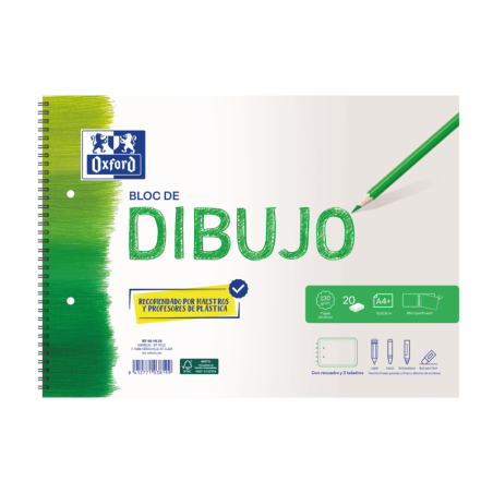Oxford Dibujo Escolar Bloc Espiral Dibujo A4+ - Tapa Blanda/Contratapa Rigida - 20 Hojas 130gr - con Recuadro y 2 Taladros