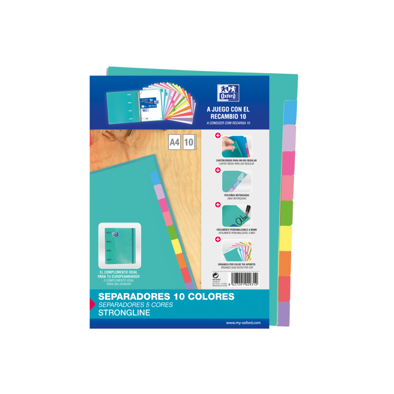 Oxford Strongline A4 Separadores - 10 Posiciones de Diferentes Colores - 4 Taladros - Cartulina 200gr Oxford Strongline A4 Separadores - 10 Posiciones de Diferentes Colores - 4 Taladros - Cartulina 200gr