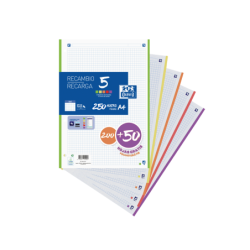Oxford School Pack de 5 A4 Recambio - 5x5 Promocion - 200+50 Hojas - Colores Surtidos