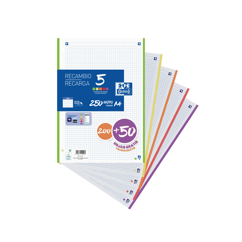 Oxford School Pack de 5 A4 Recambio - 5x5 Promocion - 200+50 Hojas - Colores Surtidos Oxford School Pack de 5 A4 Recambio - 5x5 Promocion - 200+50 Hojas - Colores Surtidos