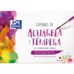 Oxford Pintura Escolar - Sobre de Laminas de Acuarela y Tempera A3 - 6 Hojas de 300gr - Papel Liso de Alta Calidad