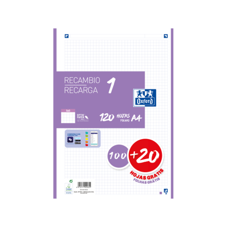 Oxford School A4 Recambio - 5x5 - Promocion 100+20 Hojas - Color Lila