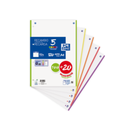 Oxford School Pack de 5 A4 Recambio - Liso - Promocion 100+20 Hojas - Colores Surtidos