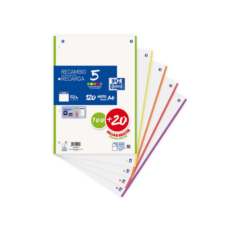 Oxford School Pack de 5 A4 Recambio - Liso - Promocion 100+20 Hojas - Colores Surtidos Oxford School Pack de 5 A4 Recambio - Liso - Promocion 100+20 Hojas - Colores Surtidos