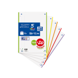 Oxford School Confezione da 5 Ricariche A4 - 1 Linea Promozionale - 100+20 Fogli - Colori Assortiti 20pz 20pz