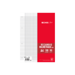 Enri Plus 90gr A4 Recambio Milimetrado - Papel de 90gr - Formato A4 - con Margen - 4 Taladros - 100 Hojas