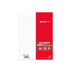 Enri Plus Ricarica Formato A4 - A Righe 3,5mm 4 Fori - 100 Fogli da 90gr con Margine