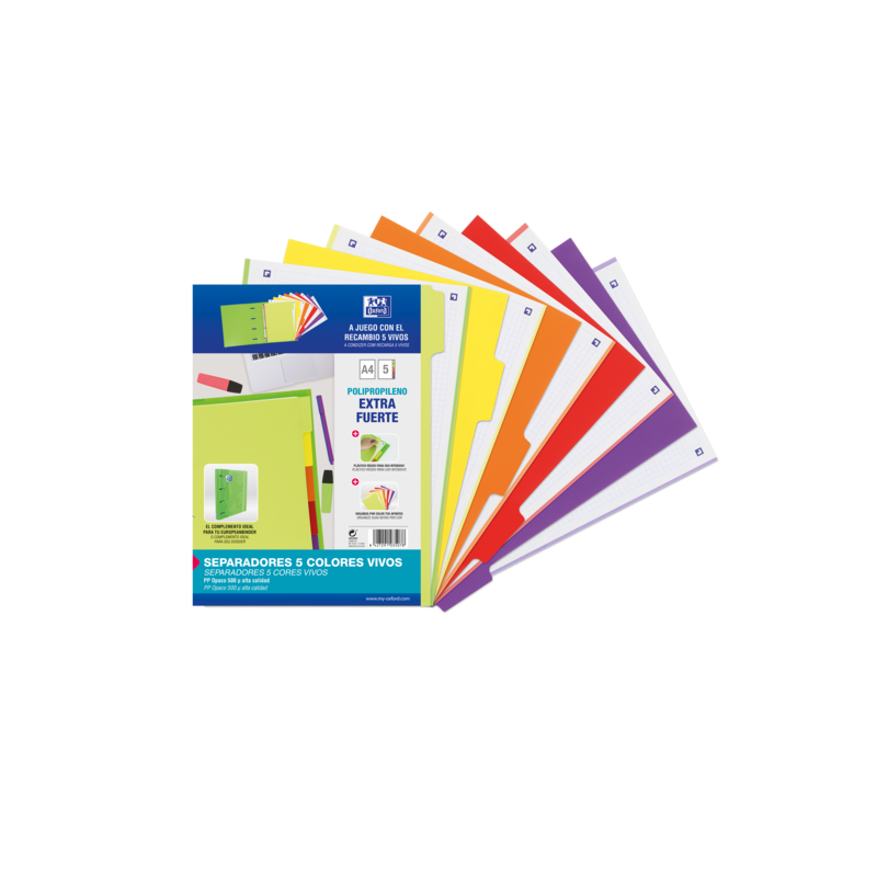 Oxford Strongline A4 Separadores 5 Posiciones - 4 Taladros - Plastico Opaco - 500 Micras - Colores Surtidos Oxford Strongline A4 Separadores 5 Posiciones - 4 Taladros - Plastico Opaco - 500 Micras - Colores Surtidos