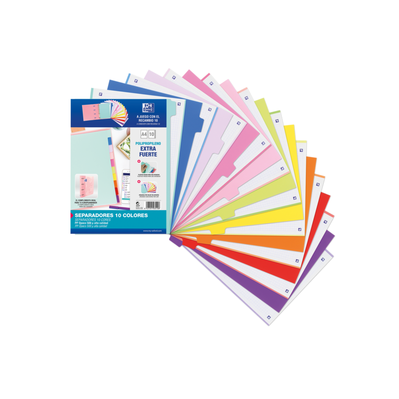 Oxford Strongline A4 Separadores - 10 Posiciones - Colores Diferentes - 4 Taladros - Plastico Opaco - 500 Micras