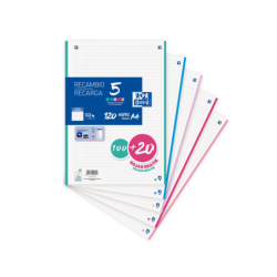 Oxford School Confezione da 5 Ricariche A4 - 1 Linea Promozionale - 100+20 Fogli - Colori Assortiti 20pz 20pz