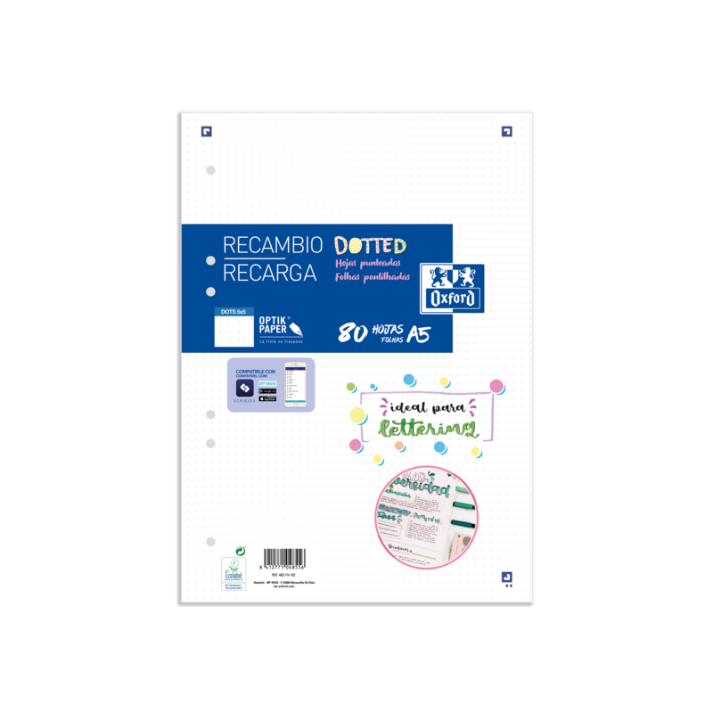 Oxford School A5 Recambio Paquete Dots 80 Hojas - Papel de Alta Calidad - Puntos para Organizar tus Notas Oxford School A5 Recambio Paquete Dots 80 Hojas - Papel de Alta Calidad - Puntos para Organizar tus Notas