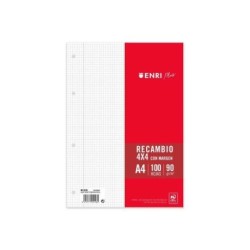 Enri Plus Recambio Formato A4 - Cuadriculado 4x4mm 4 Taladros - 100 Hojas 90gr con Margen