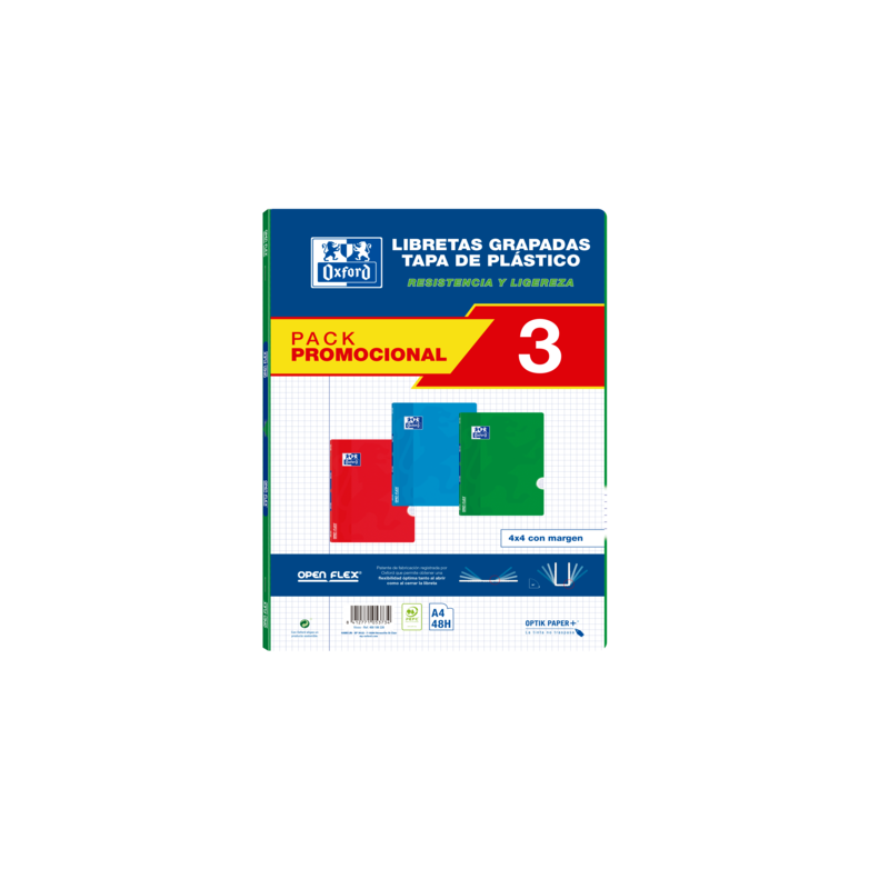 Oxford School Classic Pack 3 - Quaderno pinzato Openflex - Copertina in plastica A4 - 4x4 con margine - 48 fogli - 3 colori Oxford School Classic Pack 3 - Quaderno pinzato Openflex - Copertina in plastica A4 - 4x4 con margine - 48 fogli - 3 colori
