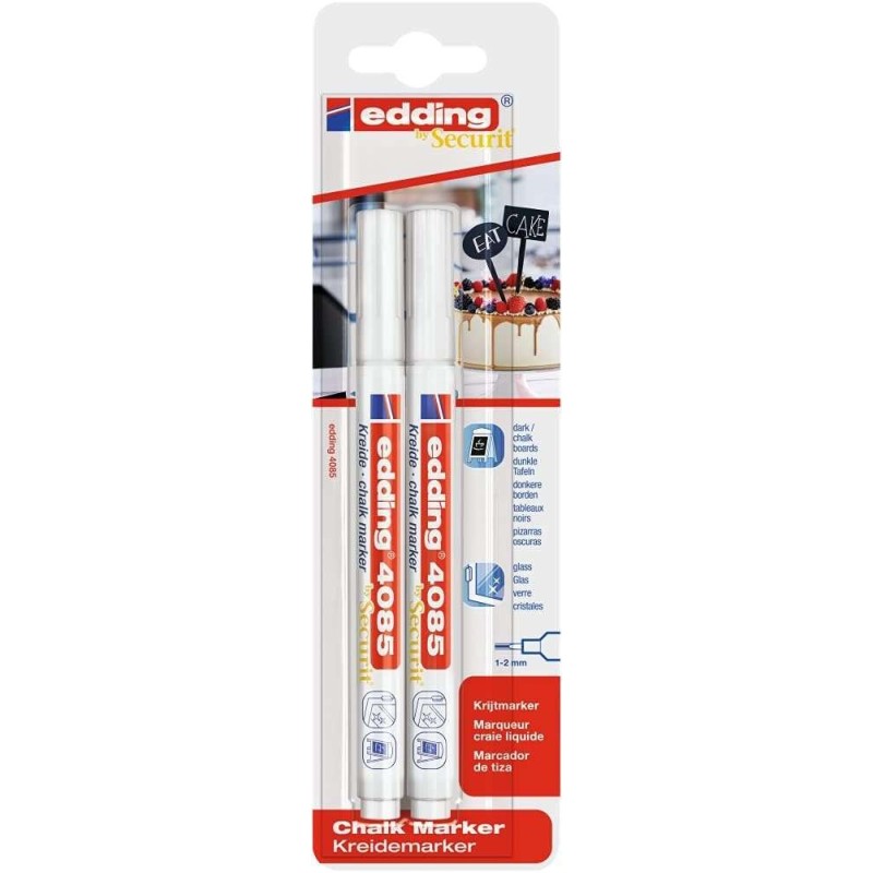 Edding 4085 Confezione da 2 pennarelli a gesso liquido - Punta rotonda - Tratto 1-3 mm - Odore neutro - Colore bianco Edding 4085 Confezione da 2 pennarelli a gesso liquido - Punta rotonda - Tratto 1-3 mm - Odore neutro - Colore bianco