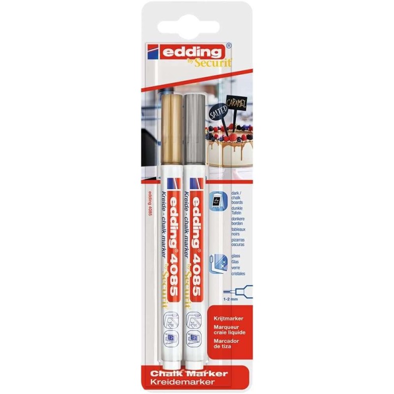 Edding 4085 Pack de 2 Rotuladores de Tiza Liquida - Punta Redonda - Trazo 1-3mm - Olor Neutro - Color Oro y Plata Edding 4085 Pack de 2 Rotuladores de Tiza Liquida - Punta Redonda - Trazo 1-3mm - Olor Neutro - Color Oro y Plata